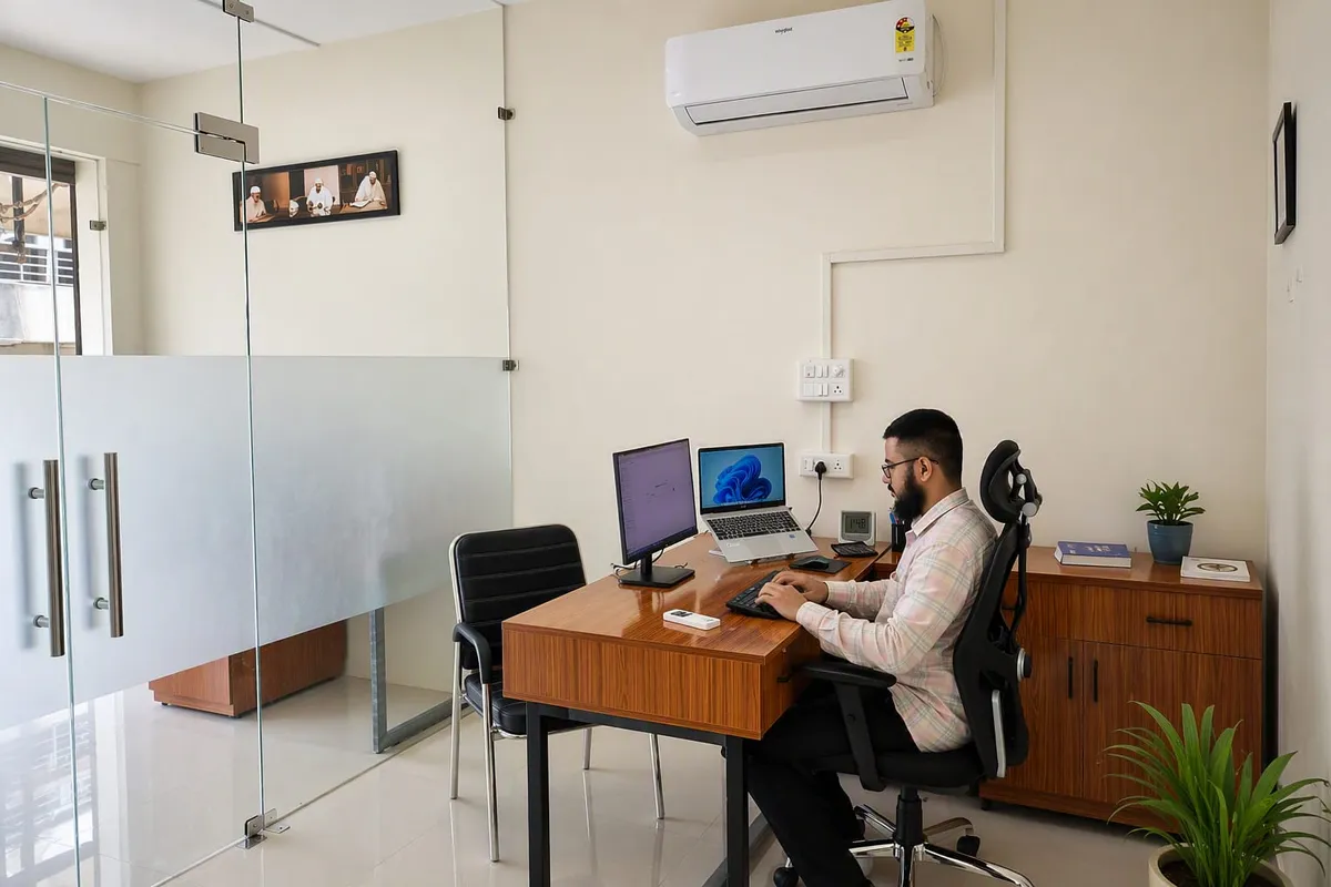 A ZAH KPO accountant working at a dual-screen desk in a private cabin